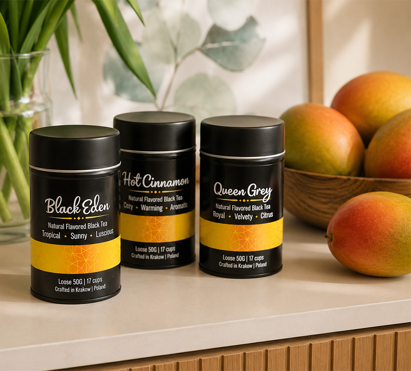 Herbata liściasta czarna prezentowa w pieknej metalowej puszce o smaku mango-naturalny skład